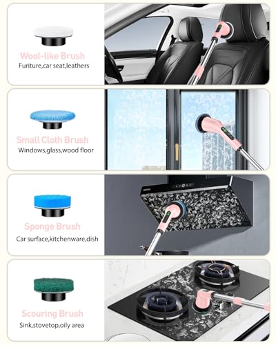 Shower Scrubber with Long Handle, Shower Cleaner Brush with 8 Floor Machine Pads, Cordless Electric Spin Scrubber for Cleaning with 2 Speed, Cleaning Supplies for Bathroom Bathtub Kitchen Floor Toilet - color: Pink, size: 8 Brush Heads
