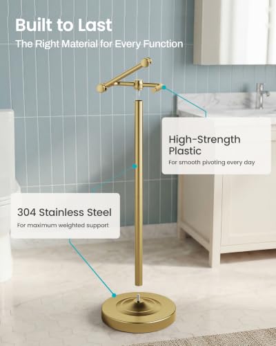 Freestanding Toilet Paper Holder Stand, 4.57 LB Weighted Base Toilet Paper Stand with Pivoting Arm, 304 Stainless Steel Floor Toilet Roll Holder No Drilling, 25.6 Inch, Gold - color: Gold