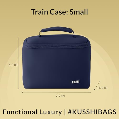KUSSHI Neoprene Train Case Makeup Bag - Washable Makeup Travel Bag & Vanity Case for Stress Free Travel (Small, Navy/Khaki) - color: Navy/Khaki, size: Small