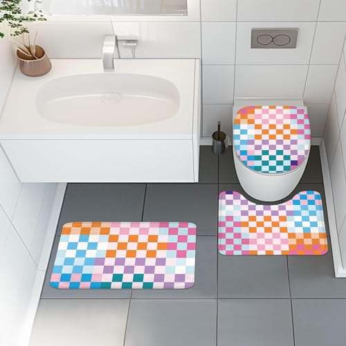 4 PCS Kids Colorful Checkered Shower Curtain Set 72Wx72H Cute Girly Retro Funky Girl Bathroom Set Non-Slip Bath Rug Toilet Lid Cover U Shape Mat Bathtub Accessories with 12 Hooks Bathroom Decor - color: G 01colorful, size: 72"W x 72"L (Pack of 4)
