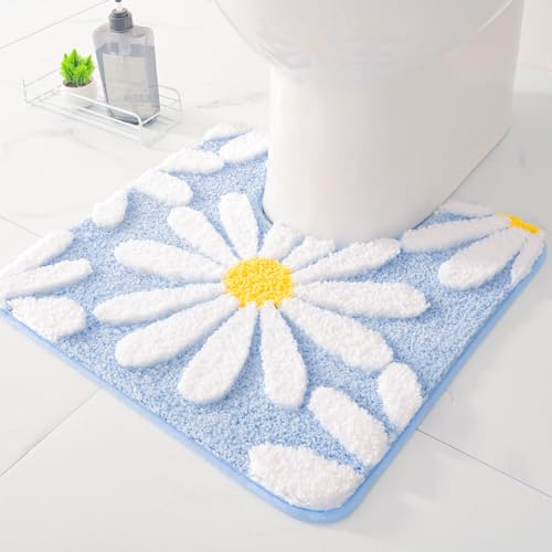QJHOMO Blue Toilet Rugs U Shaped, Toilet Mat Cute Daisy Contour Bath Rug, Extra Thick Soft Machine Washable Toilet Carpet, Super Absorbent Microfiber Bathroom Floor Mats (20x20 inch) - color: Blue, size: 1'8" x 1'8" (U-Shape)