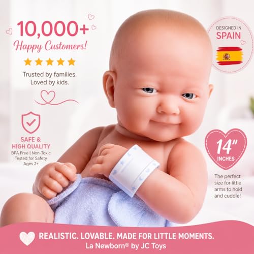 8 piece Layette Baby Doll Gift Set | JC Toys - La Newborn Nursery | 14" Life-Like Smiling Doll w/ Accessories | Blue | Ages 2+ - color: Smiling Blue