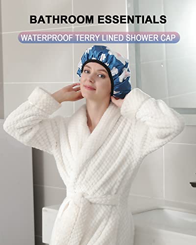 YIZIJIZI Terry Lined Shower Cap,Triple Layer Large Cap for Women,Shower Cap Reusable Waterproof,Long Thick Hair(Blue) - color: Blue