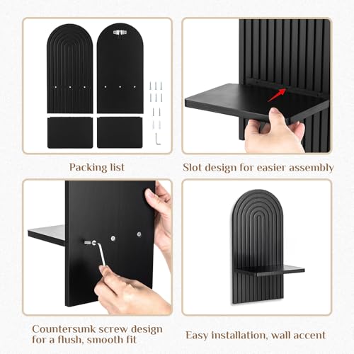 Black Boho Candle Sconces Decor: Set of 2 Wood Mid-Century Wall Candle Holder for Hallway Fireplace Bedroom - Arch Wall Shelf for Plants Pillar Candles - color: Black