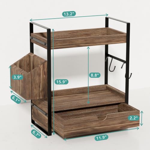 Kottwca 2-Tier Bathroom Counter Organizer with Drawer, Basket & Hooks, Wooden Vanity Shelf for Skincare, Perfume & Makeup Storage(Dark Brown) - color: Dark Brown