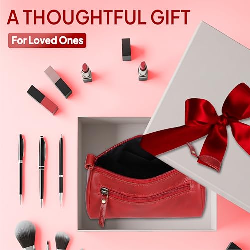 Leather Makeup Bag for Women – Genuine Leather Cosmetic Bag Travel, Handmade Zippered Makeup Pouch, Small Toiletry Bag, Shaving Kit & Stationery Organizer- Red - color: Red