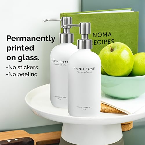 Vine Creations White Glass Soap Dispenser Set, Dish Soap and Hand Soap Dispenser Set with Stainless Steel Pump, 16 oz Glass Dispensers for Kitchen or Bathroom Decor (Matte White Bottle/Silver) - color: White Bottle / Silver Pump