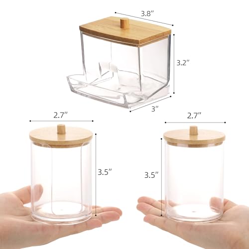Tbestmax Bathroom Organizer Accessories Set-10 OZ Qtips Holder Storage with Bamboo Lids, Cotton Ball/Swabs Dispenser, Apothecary Container Jar 3 Pcs - color: Group B-Beige Bamboo