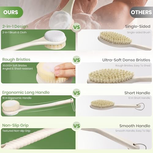 Back Scrubber for Shower with Long Handle, Dual-Sided Bath Brush with Soft Bristles & 150D Exfoliating Cloth, Anti-Slip Grip, Lightweight Back Washer for Shower, Men & Women (Light Yellow) - color: Light Yellow