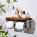 Silver Toilet Paper Holder with Wooden Shelf Top, Wood Toilet roll Holder, Double Bamboo Toilet Paper Holder for Bathroom - color: Wood Brown&silver, size: Full