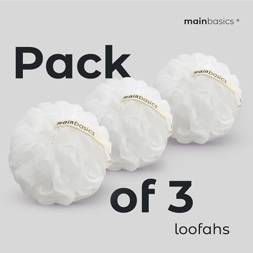 MainBasics Shower Loofah Sponge Pouf, Set of 3, Snow White | Soft Mesh Body Scrubber and Bath Sponge for Gentle Exfoliation, Rich Lather, and Everyday Shower Use - style: Snow White