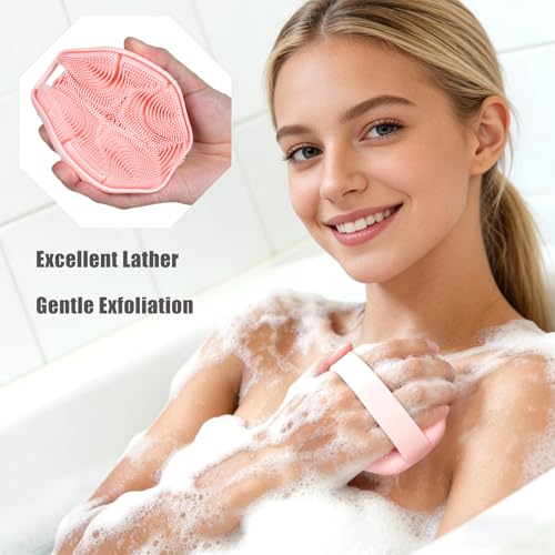 2-Pack Silicone Body Scrubber Shower Brushes,Exfoliating Body Scrubber for All Skin Type, Eco Friendly Shower Scrubber for Body, Soft Silicone Loofah for Men & Women (Pink & Purple) - color: Pink & Purple
