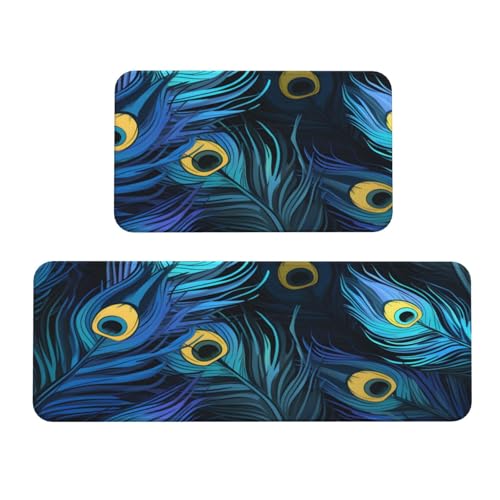 Peacock Feather Blue Kitchen Rugs Mats Set of 2 Pcs Non-Slip Floor Mats Washable Runner Rugs Set for Bathroom Laundry Hallway Kichen Comfort Standing Mat - color: Peacock Feather Blue