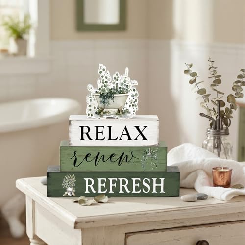 Cinnvoice 4 Pcs Eucalyptus Bathroom Decor Farmhouse Bathroom Decoration Relax Renew Refresh Table Centerpiece Gift for Christmas Valentines Back to School - style: Eucalyptus
