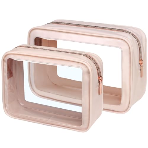 PACKISM Clear Makeup Bag Foldable - TSA Approved Toiletry Bag for Travel | Metal Zipper, Reinforced Seam, Water Resistant, Medium for Carry-on, Large for Checked Luggage, for Car Storage Organizer - color: 2 Pack Pink, size: Hybrid Traveler (1 Large & 1 M