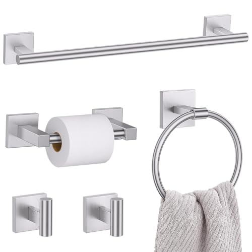 Lairuier 5 Pieces Bathroom Hardware Set, Brushed Nickel Towel Bar Set Includes 23.6” Towel Bar, Towel Ring Holder, Toilet Paper Holder and Two Towel Hooks, Bathroom Accessories Set SUS304 Wall Mounted - color: Brushed Nickel, size: 5 Pieces - Double Base