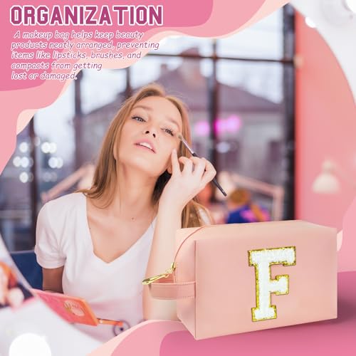 Personalized Initial Makeup Bag with Handle, Preppy Cosmetic Bag with Inner Zipper Pocket, 8 9 10 11 12 13 14 Years Old Girl, Graduation Gifts for Teen Girls Women Teachers (F, Pink) - color: Pink, style: F