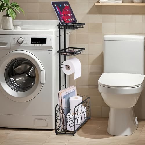 Oasis Creations Toilet Paper Holder Tissue Rack Stand with Magazine Toilet Roll Storage Basket- Freestanding, Black Metal - color: Black
