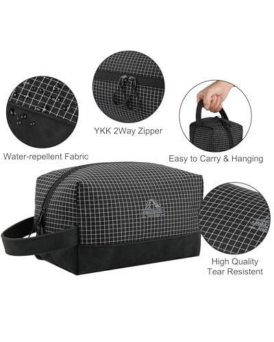 GOX Premium Plaid & Leather Travel Toiletry Bag with Reinforced Handles Cosmetic Organizer (9x5.1x5.1 inches) for Bathroom, Shaving, Makeup Essentials (Black) - color: Black