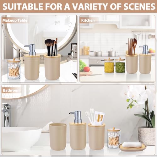 iMucci Bathroom Accessories Set 5Piece Beige Bathroom Sets, Toothbrush Holder, Toothbrush Cup, Lotion Soap Dispenser, Soap Dish and Qtip Holder Bathroom Decor - style: Beige
