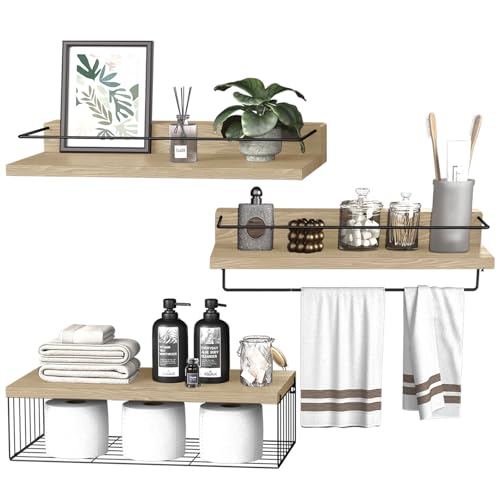 PopiShelves 22.5 inches Bathroom Shelves Over Toilet for Wall, Floating Shelves with Storage Basket Paper Holer for Kitchen Living Room, Bedroom & Classroom, Set of 3 (Nature Wood) - color: Nature Wood, size: 22.5"
