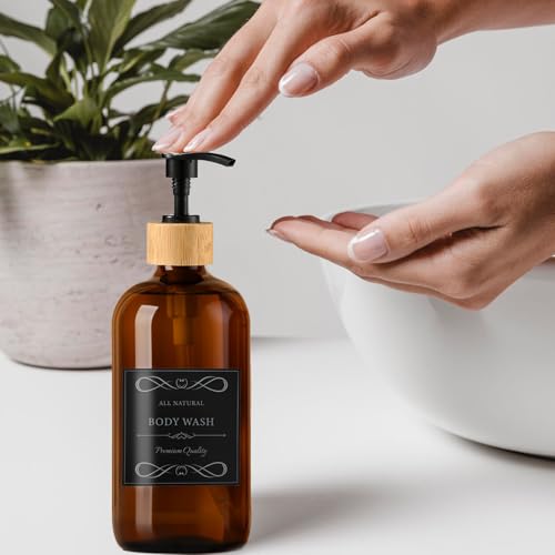 16oz/480ml Amber Glass Soap Dispenser Set, 2 Pack Dish Hand Soap Dispenser for Kitchen Bathroom, Clear Liquid Soap Bottle Dispenser with Bamboo Pump, Waterproof Labels, Funnel