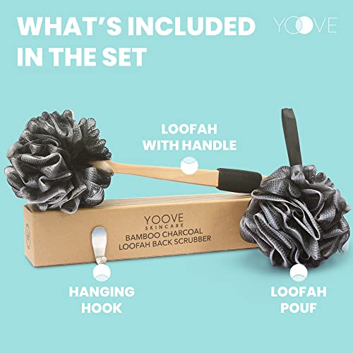 Bamboo Charcoal Infused Back Scrubber - Loofah with Handle | Exfoliating Shower Loofah for Men & Women - Features 1 Loofah on a Stick, 1 Loofa Pouf; Includes Hook (Black) - style: Black