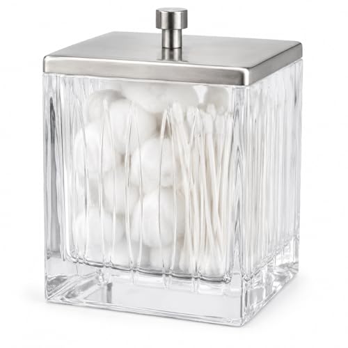 Vince Camuto Home Glass Cotton Jar Holder – Nickel Lid, Elegant Bathroom Storage Canister for Qtips, Cotton Balls, Floss, Makeup Organizer, Vanity & Bathroom Organization - color: CLEAR GLASS NICKEL LID