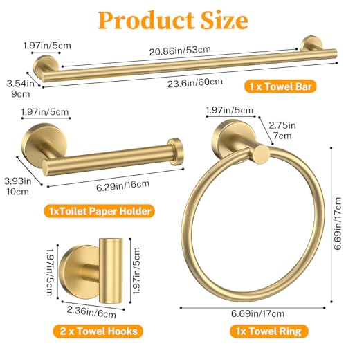 Brushed Gold Bathroom Hardware Set 6-Pieces Towel Bar Set Stainless Steel Bathroom Accessory Set 23.6 Inch Wall Mounted Towel Rack - color: 6pcs Gold