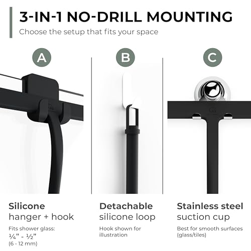 GÜTEWERK Silicone Shower Squeegee for Glass Doors & Mirrors with Stainless Steel Core, Streak-Free & No-Squeak Window Cleaning, 3-in-1 No-Drill Mount (Hook/Suction/Adhesive), Black, 9'' - color: Black, size: 9 Inches
