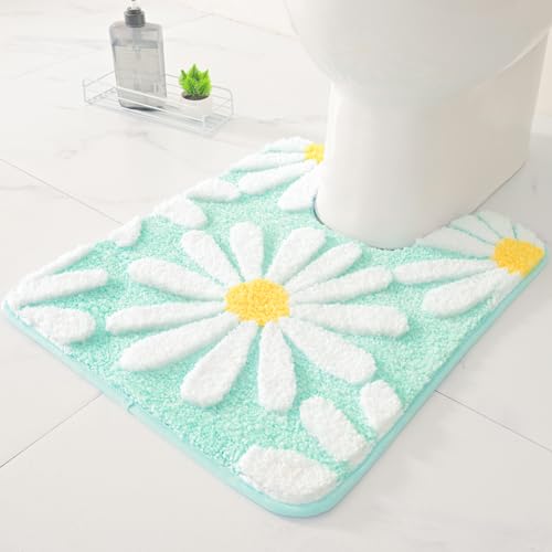 QJHOMO Toilet Rugs U Shaped, Green Toilet Mat Cute Daisy Contour Bath Rug 20"x24", Extra Thick Soft Machine Washable Toilet Carpet, Non Slip Bathroom Floor Mats Super Absorbent Microfiber Bath Rugs - color: Green, size: 1'8" x 2' (U-Shape)