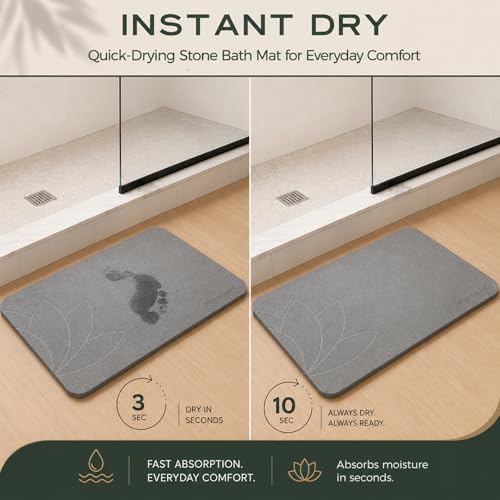 Bathroom Stone Mat Quick Dry – Stone Bath Mat for Bathroom, Diatomaceous Earth Bath Mat, Non Slip Stone Mat 23.6”×15.4” | East Lotus by JapandiSpirit - color: East Lotus