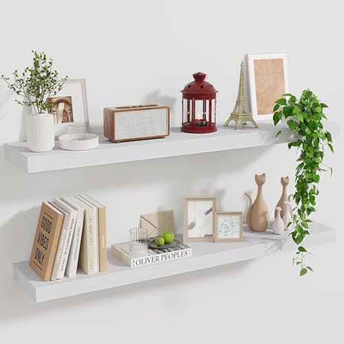 Marsmiles Wood Floating Shelves for Wall Set of 2, 36 Inch Wide Rustic Wooden Floating Shelves, Invisible Wall Mounted Display for Living Room Bedroom Kitchen Bathroom Office, Black - color: Washed White, size: 36Inch, Set of 2, (1-2/5"H)