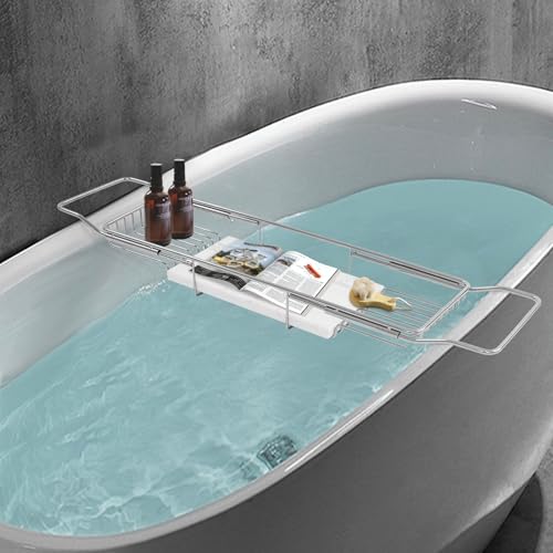 Expandable Bathtub Tray Caddy Shelf with Marble Table Mobile/Tablet Stand, Luxury Bath Tub Tray Rack, Bathroom Home Spa Shower Accessories Perfect Relaxing Spa Gifts for Women and Towel - color: Silver Rack+white Marble Board