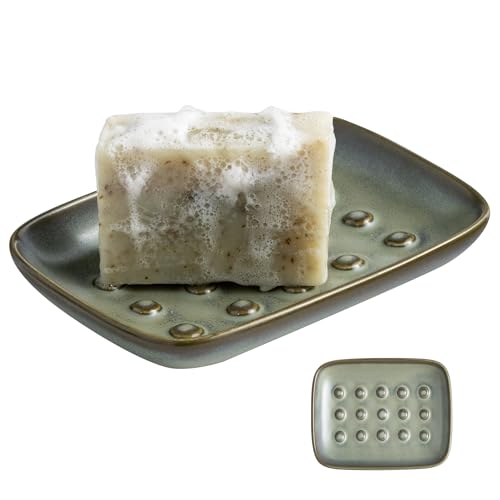 Miamolo Ceramic Soap Dish for Shower, Non-Slip Bar Soap Saver Tray Bar for Bathroom Kitchen Sink Bathtub, Easy to Clean, Dishwasher Safe, Raised Pattern - Keep Soap Dry, Dark Green - color: Dark Green, size: Floating Point Design