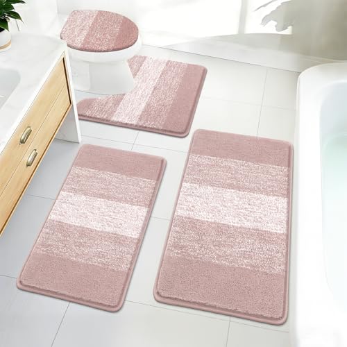 Bsmathom Bathroom Rug Set, 4 Piece, Pink | Microfiber, Non Slip, With Toilet Cover, Washable, Absorbent - color: Pink, size: 18"x26"+20"x31"+U20"x24"+Cover19"x21"