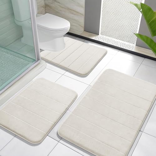 Yimobra Memory Foam Bath Mat Set 3 Pieces- Super Soft Absorbent Quick Dry Bathroom Rug Sets, Machine Washable Non Slip Floor Carpet for Tub Shower, Vanity & Toilet Base, Cream White - color: Cream White, size: 31.5''x20'' +17''x24'' + 24''x20''
