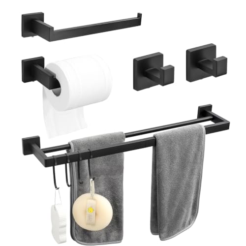 Matte Black 9 Piece Bathroom Hardware Set, 304 Stainless Steel Towel Bar Set with Double Towel Bar, Toilet Paper Holder, Wall Mounted Heavy Duty Rustproof Accessories for Bathroom Kitchen - color: B-24 Matte Black