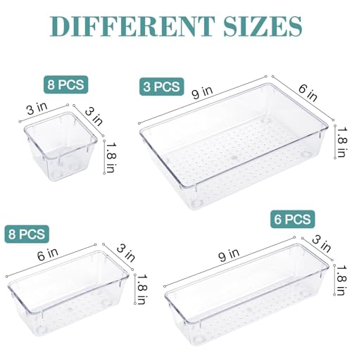 StorMiracle 25 PCS Drawer Organizer Set, 4 Varied Size Bathroom and kitchen Drawer cabinet organizer Trays, Clear Storage Bins for Makeup, Jewelry, Utensils and Gadgets - color: Clear, size: 25 PCS