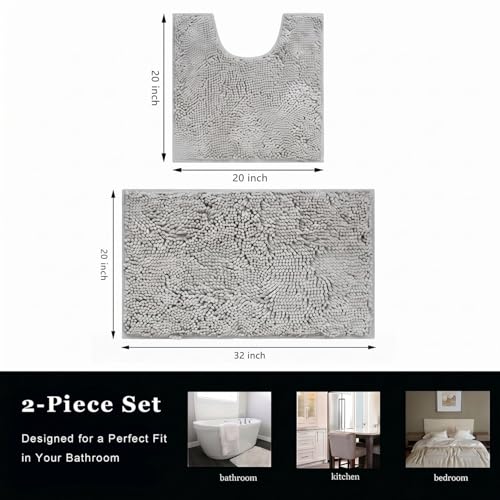 Bathroom Rugs Chenille Bath mat 2 Piece Set, Super Absorbent, Strong PVC Non Slip Backing, Bath mats for Bathroom, Plush Shaggy, Thick, Machine Washable, Bathtub, Toilet.(Light Grey) - color: Light Grey, size: 20''×20''U-Shape+20''×32''