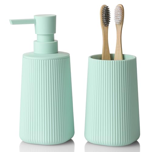YAUKPH Bathroom Accessories Set 2 Piece Soap Dispenser and Toothbrush Holder for Bathroom Countertop Striped Green - color: Striped Green