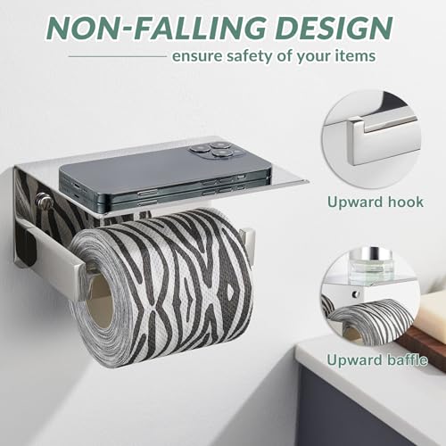 Toilet Paper Holder with Phone Shelf Polished Chrome, APLusee Bathroom Accessories 304 Stainless Steel Tissue Roll Dispenser Storage Wall Mounted - color: Polished Chrome, size: Single Rod