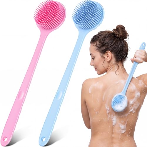 Sunnyray 2 Pack Silicone Back Scrubber for Shower with 15" Long Handle Double-Sided Bath Body Brush for Exfoliating Easy to Clean Quick Dry Deep Cleaning Lathers Well(Pink,Nordic Blue) - color: Pink,nordic Blue