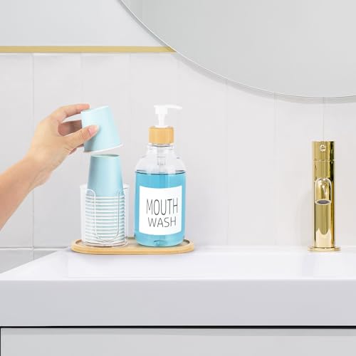 Mouthwash Dispenser with Cup Holder, Plastic Mouth Wash Pump Bottle with Tray for Bathroom Organizers, 17oz Refillable Clear Mouthwash Container - Bamboo - color: Group a - Clear