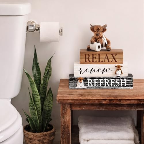 Cinnvoice 4 Pcs Highland Cow Bathroom Decor Farmhouse Bathroom Decoration Western Relax Renew Refresh Table Centerpiece Gift for Christmas Valentines Back to School - style: Relax Renew Refresh