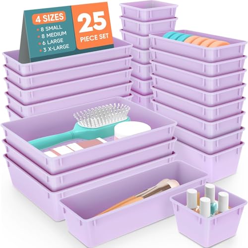 SpaceHacks 25 PCS Plastic Drawer Organizer Set, 4-Size Versatile Organizer Trays & storage Bins for Makeup, Jewelry, and Gadgets in Bathroom, Bedroom and Office, Purple - color: Purple