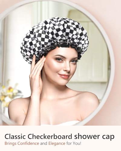mikimini Large Shower Cap for Women Long Hair, 2 Pack,Elegant Chessboard Design,Double-layer Waterproof, Reusable, Washable, No Odor, X-Large - size: X-Large (Pack of 2)