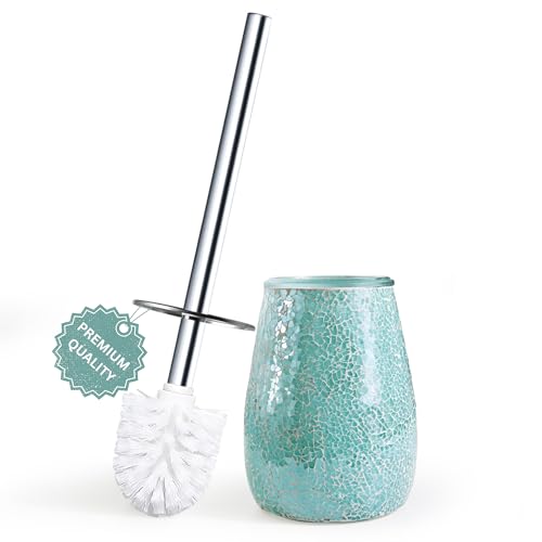 Escenzy Turquoise Green Toilet Brush and Holder Set – Handcrafted Mosaic Glass Holder, 304 Rust-Resistant Stainless Steel Toilet Bowl Brush – Decorative Luxury Bathroom Accessory - color: Turquoise