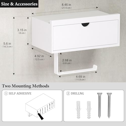 Domax Standard 8.46" Bamboo Toilet Paper Holder with Shelf and Storage Drawer - Wall Mount or Adhesive Bathroom Organizer for Tampons, Cotton Swabs, Wipes or More, White - color: White