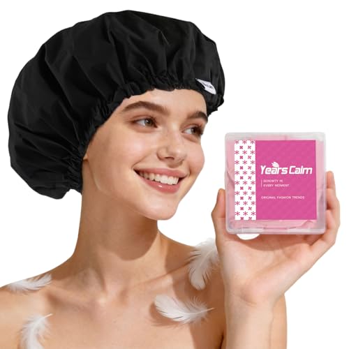 Years Calm Shower Cap for Women Waterproof Reusable – 27g Ultra Lightweight Double-Layer Shower Bonnet, Secure Fit for Long, Curly Hair, Travel & Spa (Black) - color: Black